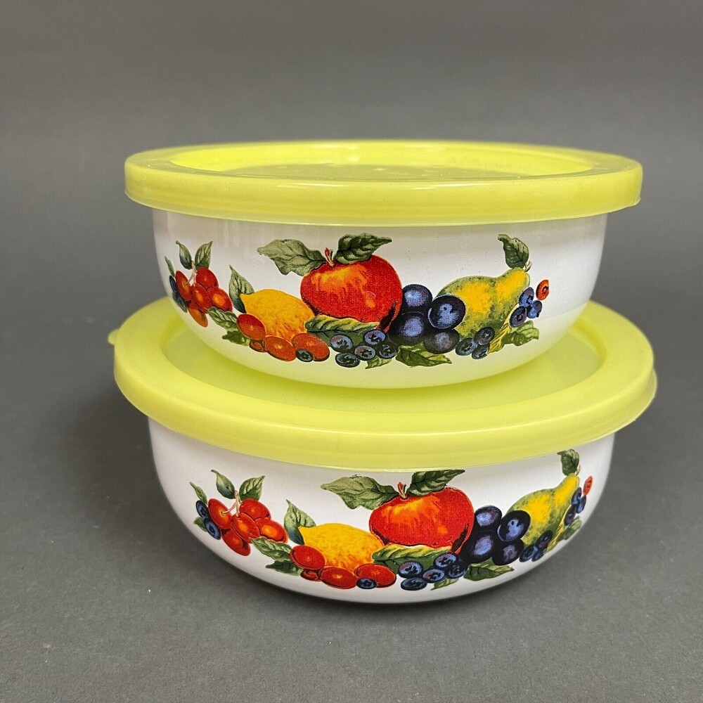 Food Storage Containers with Yellow Lids Fruits White Lot of 2